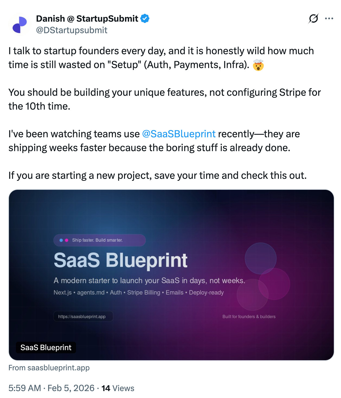 Tweet praising SaaS Blueprint